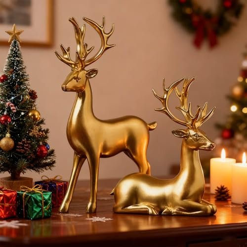 Christmas Reindeer Figurines, Set of 2 Deer Statues for Home Table Decor Nordic Style Christmas Decorations for Living Room Office (Gold)