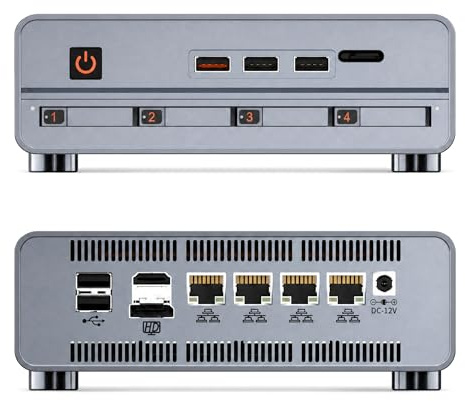SynthDisk Intel N100 M1 Mini ProNAS-värd, 4-fack NAS-server med 4 x 2,5 G LAN, 5 x NVMe-kortplatser, USB 3.2 Gen2, DDR5 RAM, helt i aluminium mini PC för hem och små företag (32 G RAM, 256 G SSD)