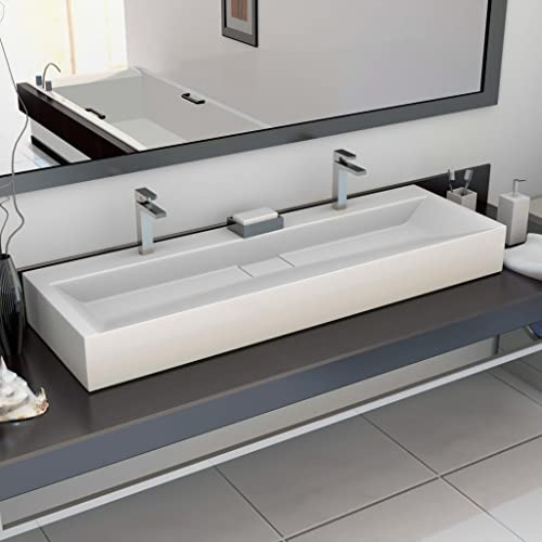 Lavabo salle de bain en fonte minérale marbre blanc 120x46x11 cm, double trou robinet pour lavabo suspendu ou comptoir