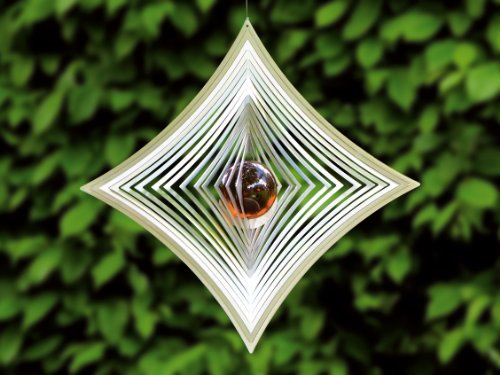 ILLUMINO Edelstahl Windspiel Quadratisch M - hochkant konkav mit kobaltblauer 50mm Glaskugel, Windspiele für draußen hängend, Gartendeko für draußen, Fensterdeko hängend