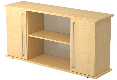 bümö Sideboard Ahorn mit Flügeltüren & Regal - Büromöbel Sideboard Holz 166cm breit, 45cm schmal, Büro Schrank für Flur oder als Wohnzimmer-Kommode mit Relinggriffen