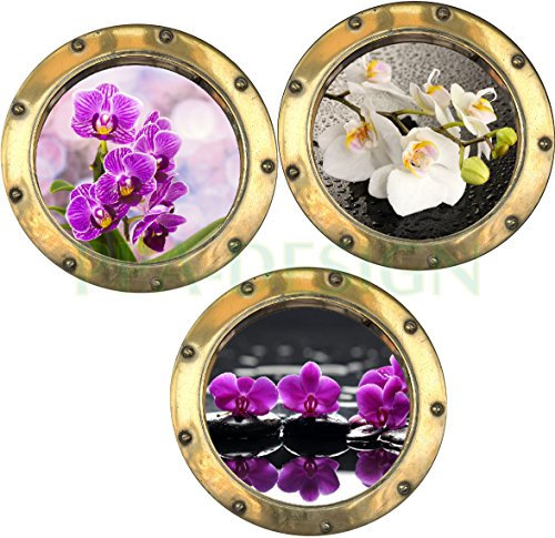 Sticker Mural Trompe l'oeil Hublot Galets Bambou Orchidée - Pack de 3 Hublots - Packhu015 - Plusieurs dimensions disponibles 2 (20x20cm)