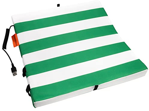 Bumfire Stadion Sitzkissen Beheizbar & Faltbar - Akku Heizkissen Kabellos mit USB Anschluss - Elektrisch Beheizbare Sitzauflage, Wärmekissen, Fussballsitzkissen, Outdoor Kissen - Grün/Weiß - 35x35 cm