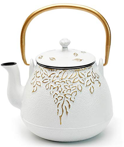 TOPTIER Japanese Cast Iron Tea Kettle with Infuser,Teapot Stovetop Safe, Leaf Design , Coated with Enameled Interior for 32 Ounce (950 ml), White