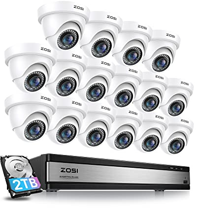 ZOSI CCTV Camera System, 16x 1080p Security Cameras, Human & Vehicle Detect | 2TB Hard Drive, 16CH AI Home Surveillance DVR, Weatherproof Outdoor Indoor Camera, Wired CCTV Cameras, 80ft IR Night Vision
