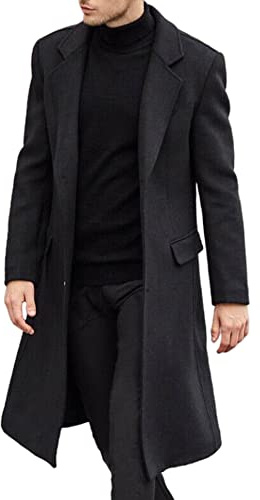 SOMTHRON Men's Casual Trench Coat Slim Fit Notched Collar Long Jacket Overcoat Single Breasted Pea Coat wih Pockets, Black, S