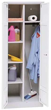 Schrank & Stuhl Mehrzweckschrank | Besenschrank mit Durchgehender Trennwand, Hakenleiste und 7 Fächern 180x80x50, Drehriegelverschluss, komplett montiert, Grau/Weiß