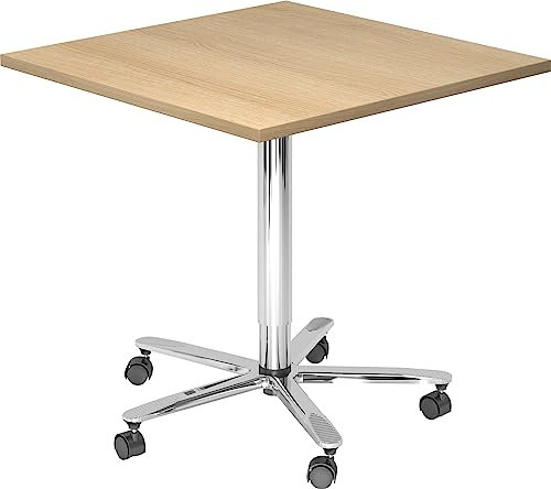 bümö Säulenhubtisch höhenverstellbar, Stehtisch Büro, Bistrotisch eckig 80 x 80 cm - Besprechungstisch Eiche, Stehtisch Holz-Platte, Säule aus Metall verchromt, Säulentisch, Hochtisch