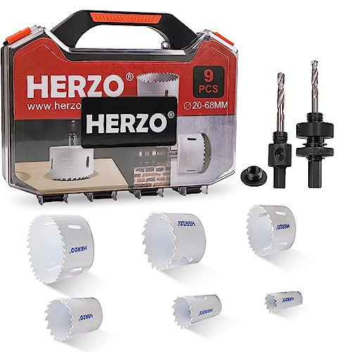HERZO Set di 9 seghe a tazza bimetalliche Universali (Ø 20/30/35/40/51/68 mm), per Metal, legno, piastra in PVC e piastra in plastica