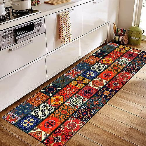 Siunwdiy Teppich Läufer Flur rutschfest Küchenläufer Waschbar Marokkanischer 100x300cm Rot/orange Korridor Teppichläufer Lang Küchenteppich Für Küche Schlafzimmer Teppichläufer Meterware Anpassbar