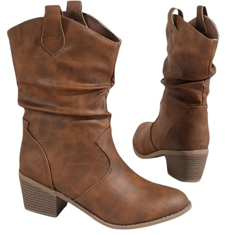 ticticlily Damen Stiefeletten Cowboy Boots Klassisch Wildleder Halbstiefel Schlupfschuhe Niederung Stiefel Mit Schnalle Kurzstiefel Übergangsstiefel Halbhohe Ankle Boots Damenstiefel B2 Braun 39 EU