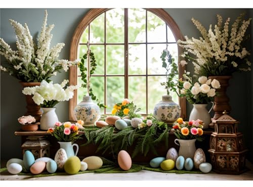 YongFoto 3,5x2,5m Pâques Printemps Toile de Fond Oeufs de Pâques Colorés Fleurs Herbe Fenêtre Photo Arrière-Plan pour Famille Jardin Décors de Pâques Fête Fêtes Portrait Fournitures de Photographie