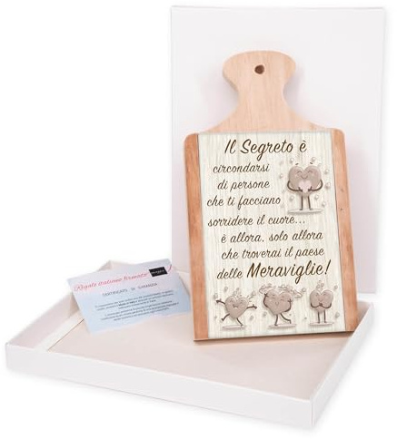 Lupia - Bomboniera con Scatola Bianca Tagliere in Legno con Vetro Stampato Il Segreto E' 12x21 cm, Idea Regalo per Matrimonio Cresima Comunione Battesimo Anniversario Compleanno