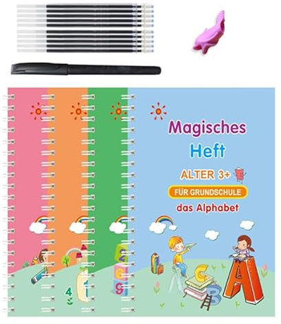 4 Stück Deutsch Magisches Heft, Wiederverwendbar Magische Übungshefte mit Zauberstift, Schreibhilfen und Zeichenschablone, Magische Vorschule Übungshefte für Kinder ab 3+Jahren Schreibens