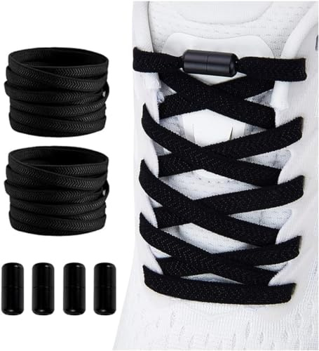 Shecret 2 Paires Élastiques Lacets avec Fermeture en métal, Plats Élastiques Lacets Sans Noeuds Universels pour Enfants et Adultes, Réglables pour Toutes Les Baskets, Noir
