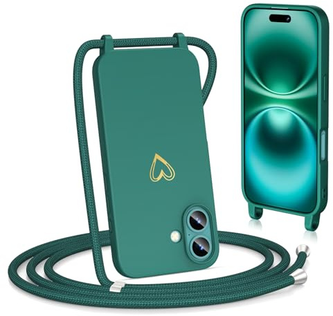 Noyabox für iPhone 16 Handyhülle mit Band, Goldenem Herz Silikon zum Umhängen Handykette mit Abnehmbarer Kordel Halskettenhülle Stoßfest mit Kameraschutz, Grün