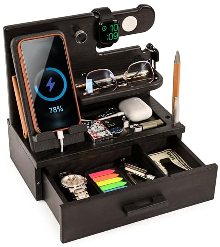 TESLYAR Docking station per telefono in legno con cassetto, accessori da scrivania e organizer per spazio di lavoro, organizer per comodino, regalo di compleanno per uomini o papà, idea per