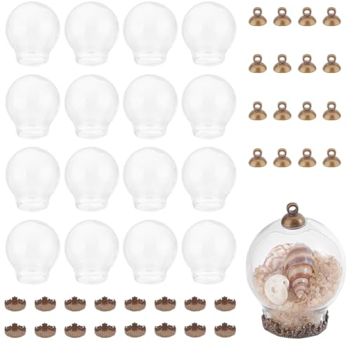 GOMAKERER 16 Set Glaskugel Anhänger, 2.5cm Große Anhänger Aus Durchsichtigen Flaschen Mini Glaskugeln Wunschflaschenanhänger Mit Messingkappen In Antikbronze Zur Schmuckherstellung
