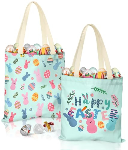 JMHACHY Easter Canvas Tote Bags for Kids - 2 Pack Bunny and Egg Easter Canvas Bags with Handles, Perfect for Egg Hunts, Gifts, and Spring Party Supplies