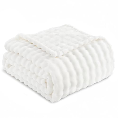 RUIKASI Fleece Throw Blanket for Sofa - White Single Fluffy Bubble Throws Cozy Blanket with Reversible Design, Throw 130x150 cm