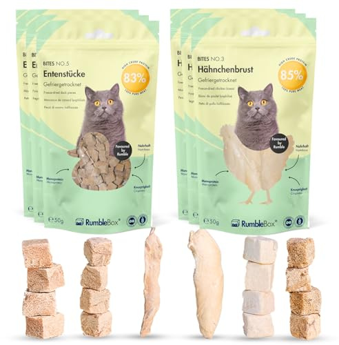 RumbleBox Ultimate Sparbox Pur Huhn, Ente & Riesengarnele, 100% Fleisch, Gefriergetrocknete Katzensnacks ohne Getreide und Zucker für Allergiker, NUR 1 ZUTATEN (5x50g)