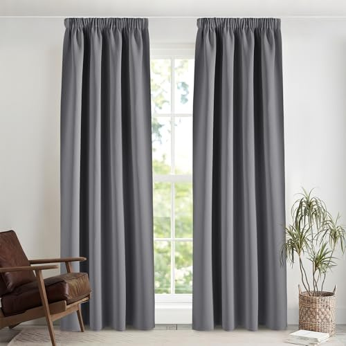 PONY DANCE Verdunkelungsvorhang Schiene Thermogardinen Hitzeschutz Grau | 2er Set, H260 x B140 cm, Vorhänge Blickdicht, mit Kräuselband, Sichtschutz, für Schlafzimmer Wohnzimmer Kinderzimmer Büro