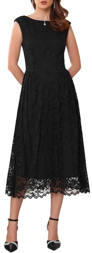 WOMLAYOUT Donna Abito da Sposa in Pizzo per Invitata 2025 con Scollo a Barca Vintage da Cocktail Midi Nero XL