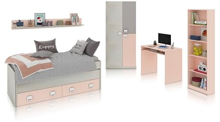 duehome | Pack de Dormitorio Juvenial con Cama Nido Juvenil, Armario, Escritorio y Estantería, Conjunto de Dormitorio Infantil, Modelo Kenia MAX, Acabado en Blanco Alpes, Rosa Pastel y Gris