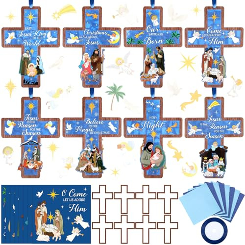 DoubleFill 48 Pcs Christmas Nativity Cross Suncatchers Craft Kits Make Your Own Nativity Stained Glass Craft Kit Religious Christian Christmas for Window Art Activities Xmas Decoration