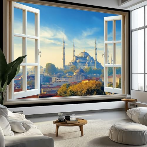 Marco De Ventana Santa Sofía Papeles Pintados de Pared 200 x 140 cm Fotomurales, Azul Tejido No Tejido Papel Tapiz Fotográfico - Salón Dormitorio Oficina Hotel Decorativos Murales