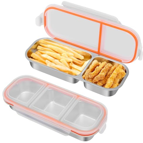 wishfly Snackbox mit Fächern Edelstahl: 2 Stück Auslaufsicher Snackdose mit Deckel(600ml+700ml)-Tragbare Brotdose Kinder Meal Prep für Frische Snacks Salat Obst-Klein Bento Box Ideal für Büro Kinder