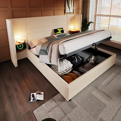 DACHETOU Polsterbett 180 × 200 cm Doppelbett mit Nachttisch, Leselampe, Bettanlage Stauraumbett Bettgestell mit Lattenrost aus Massivholz und Metall, Beige-Weiß, Cordstoff (Ohne Matratze)