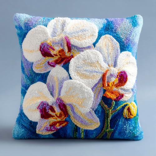 Henypt Kit Crochet De Verrouillage Tapis Diy Broderie, Fleurs d'orchidées 3D Loquet Crochet Complet Housse De Coussin,Kit Fabrication Taie D'Oreiller Coussins Tapis,43X43Cm