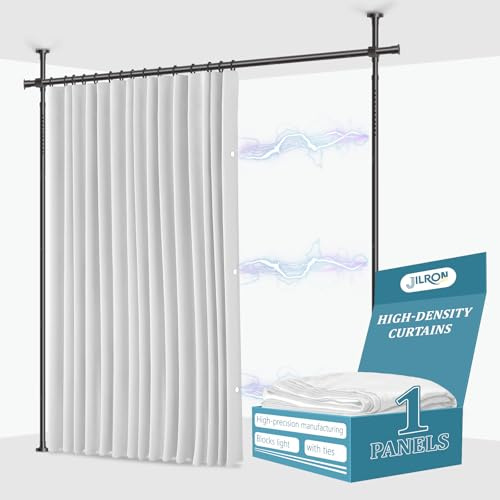 JILRON Raumteiler-Vorhang Komplettset, ideal für Mietwohnungen, temporäre Büros und Apartments (1 weißer Vorhang: H 243 x B 270 cm, Stange: H109-305 x B89-254 cm)