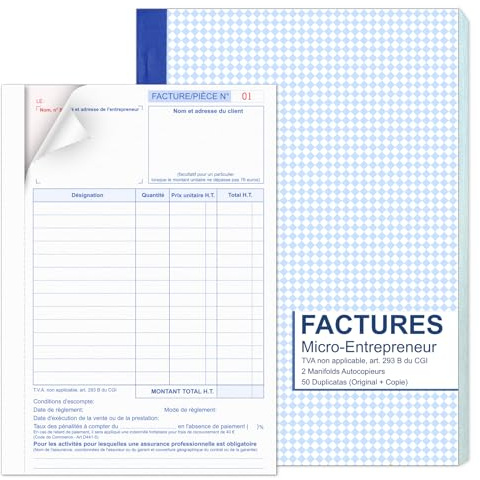 A5 Manifold Rechnungen für Kleinunternehmer, 50 Blatt, selbstdurchschreibend, nummeriert, in Duplikaten, tragbar, Selbstunternehmer, Rechnungsbuch, Format 144 x 209 mm, blau, 250 g/m², MwSt. nicht