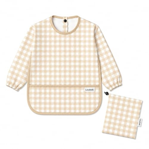 Lautoki Bavaglino con maniche lunghe + Borsa per il trasporto - Impermeabile 12-36 Mesi - Per Svezzamento BLW - Protezione Vestiti - Lavabile - Per Asilo - Polsini Elastici - Con Tasca (Beige)