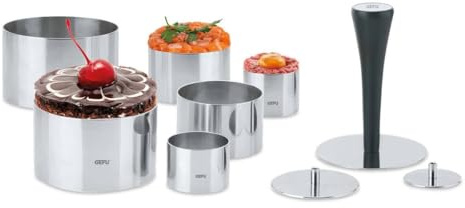 GEFU Profispeisenringe FORMIDABLE | 10-teiliges Edelstahl-Set mit 6 Ringen, 3 Stempeln & Griff | Für Desserts, Törtchen & Vorspeisen | Spülmaschinengeeignet