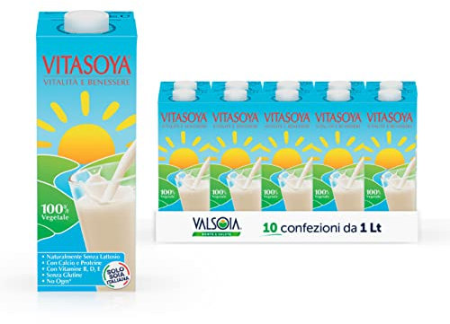 Vitasoya Soyadrink - Bevanda di Soia 100% Vegetale, Box da 10 Tetra Brik da 1000 ml, 100% Vegetale, Senza Lattosio, con Calcio, Vitamine e Acido Folico, Ideale anche per Vegani, Vegetariani e Celiaci