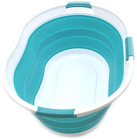 SAMMART 36L Collapsible 3 Handled Plastic Laundry Basket-Foldable Pop Up Storage Container-Portable Washing Tub-Space Saving Basket/Water Capacity 27L (Hellblau)