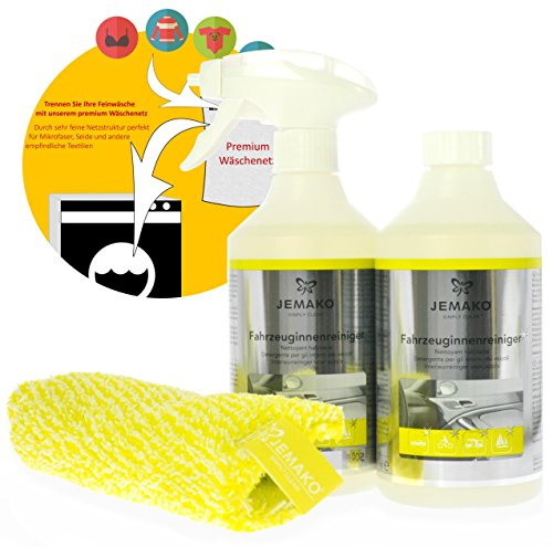 Jemako Set Fahrzeug-Innenreiniger inkl. Fahrzeuginnentuch (18 x 24 cm), Schaumpumpe & Sinland feinmaschiges Wäschenetz (1000 ml)