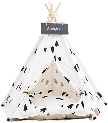Sunnykud Tipi Zelt für Haustiere Hundezelt Katzenzelt Haustierzelte Häuser mit Kissen Abnehmbar und Waschbar Haustierbett Wegklappen Haustier Hundebett Katzenbett (M:50x50x60cm, Schwarzkiefer)