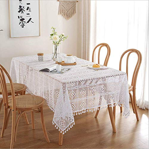 BMIDRUT, Weiße Baumwoll-Häkel-Tischdecke, Spitzendeckchen, Vintage Rechteckige Häkel-Tischdecke, Tischüberwurf, Tischdekor für Hochzeit, Zuhause, Party, 140x160 cm