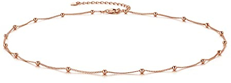CERSLIMO Sterling Silver Necklace Rose Gold Plated Ball Bead Choker Necklace 16'' 14'' Chain for Women Girls Ladies Girlfriend Friend Men Birthday Jewellry Gift