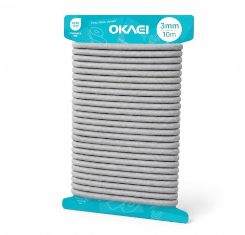 Okaei Gummikordel 3mm x 10m - Hochwertiges Gummiseil in Silber, Flexibles Gummiband/Hutgummi/Rundgummi - Ideal für DIY Projekte und Handwerk