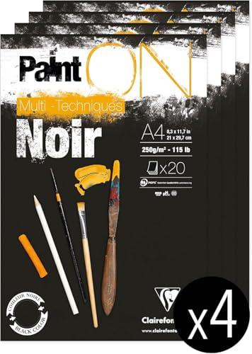 Clairefontaine 975169C - Packung mit 4 Blöcken Paint´ON Noir, DIN A4, kopfseitig geleimt, 20 Blatt, 250g, schwarz, 4 Stück