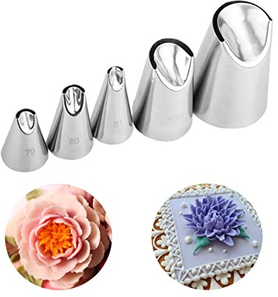 Chrysanthemen-Gebäckspitzen-Set, Rosenblüten-Spritztüllen, Tulpen-Zuckerguss-Spritztüllen, Buttercreme-Dekoration, Zuckerguss-Spritztüllen für Kuchen, Cupcake-Dekoration, 5 Stück