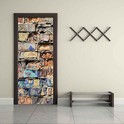 JGCAI Türaufkleber Selbstklebendes Türbild 3D Backsteinmauer-Graffiti-Kunst Fototapete Türfolie Poster Tapete Pvc Wasserdicht Abnehmbare Wandbilder Für Schlafzimmer Dekoration 90x200cm Türtapete