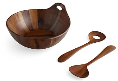 Nambe Portables Wood Salad Bowl with Servers | 3-Piece Set | Acacia Wood Large Salad Bowl | Mixing Bowl with Wooden Serving Spoons | Round | Measures 11-Inches