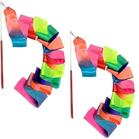 AYNKH 2 x Bunte Gymnastikbänder, 199,9 cm, rhythmisch, tanzend, Lange Luftschlangen mit rotem Tänzerstab für Kinder, künstlerisches Training, Party