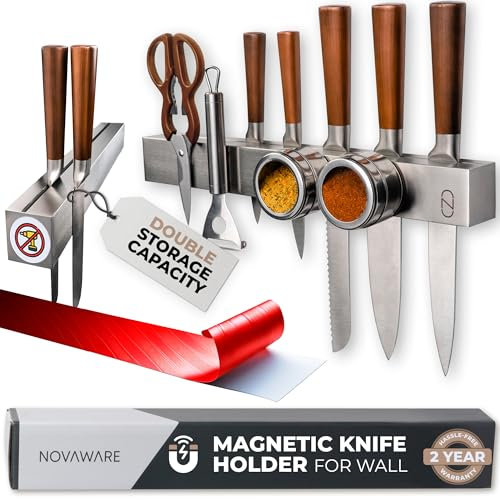 Premium 16 inch Adhesive Magnetic Knife Holder for Wall No Drill with Double Storage,Stainless Steel Magnet Knife Holder Strip,Magnetic Kitchen Knife Holder Knife Organizer, Silver, 16 Inch
